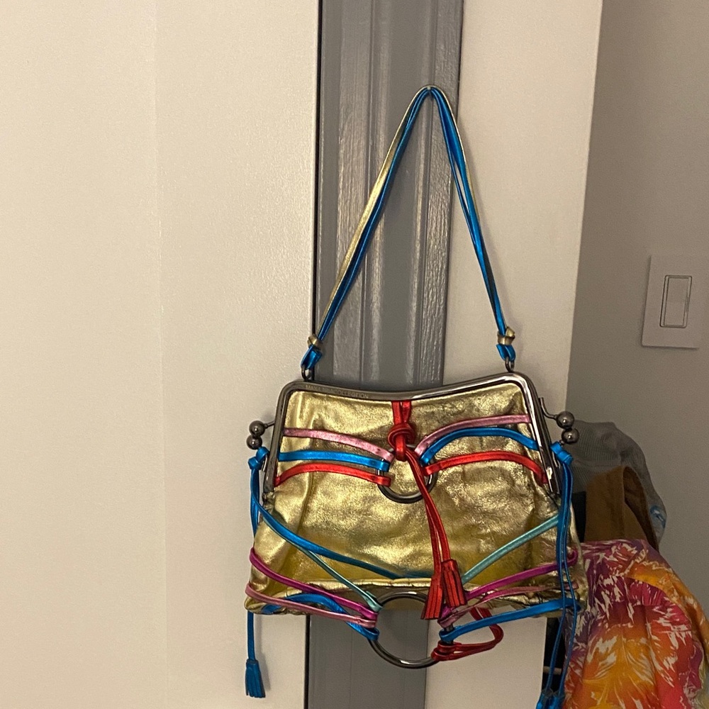 BCBGMaxAzria Gold Shoulder Bag with Blue and Red Accents